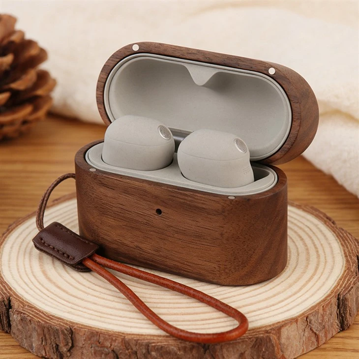 Wooden Sony WF‑1000XM6 Case with Leather Rope